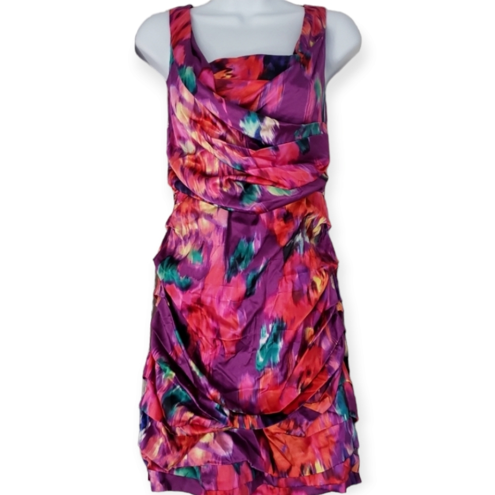 Express purple pink & red floral print silk mini cocktail dress Womens 8
